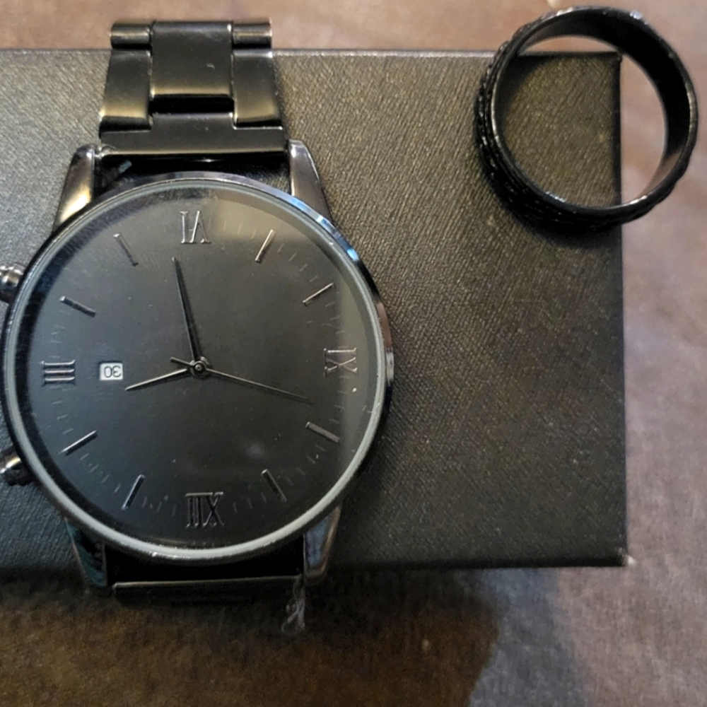 Sleek Black Watch with Matching Ring